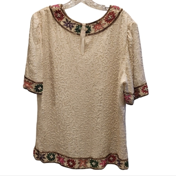 Vintage Lawrence Kazar New York Silk Beaded Cream Beaded Floral Top Size XL - Picture 2 of 7